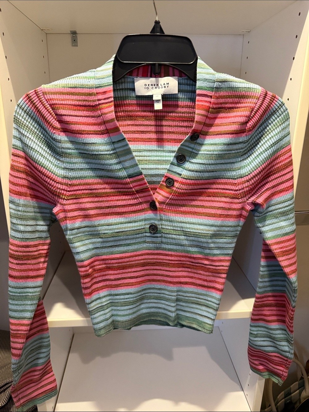10 Crosby Derek Lam Striped Ribbed Henley Top in Pink & Light Blue